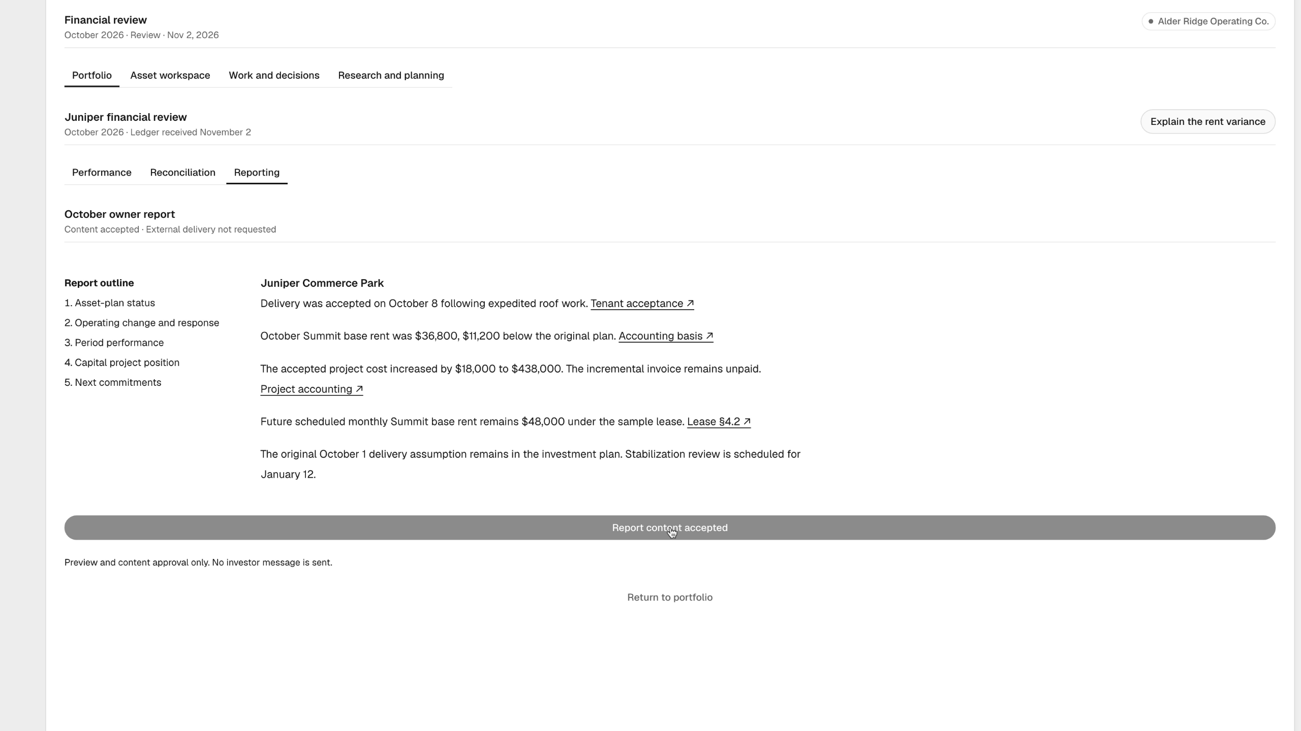 October financial review retains the original plan, corrected accounting source and separate project cost.